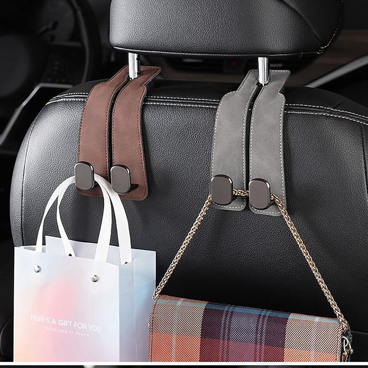 Car Seat Back Storage Hook, 7 Inch x 3.5 Inch PU Leather and Stainless Steel Soft Holder for Car Seat Back Convenient Storage (brown)