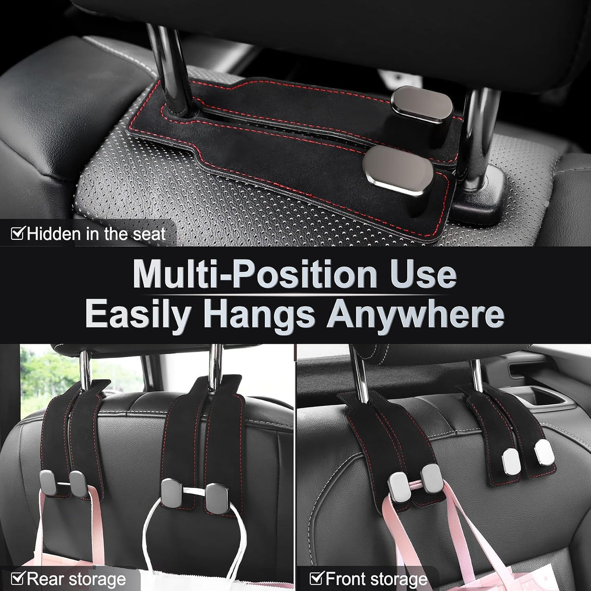 LivTee Car Hook, 2-Pack Leather & Iron Headrest Mount Hangers for Bags, Coats & Phones (Black)