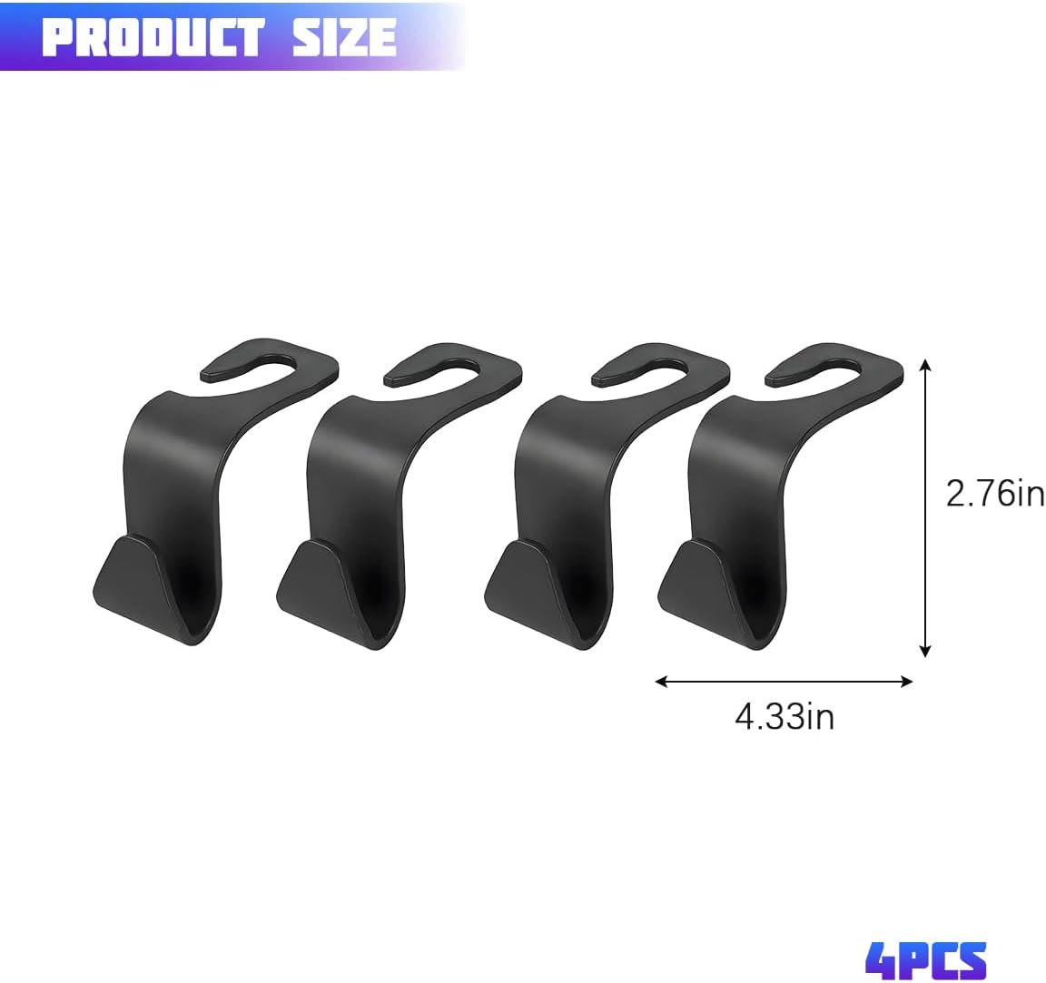 4 Pack 4.13 Inch Car Seat Headrest Hooks, Black