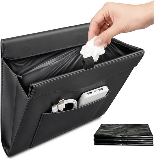 Car Trash Can, Magnetic Leather Seat Back Organizer with Storage Pocket,