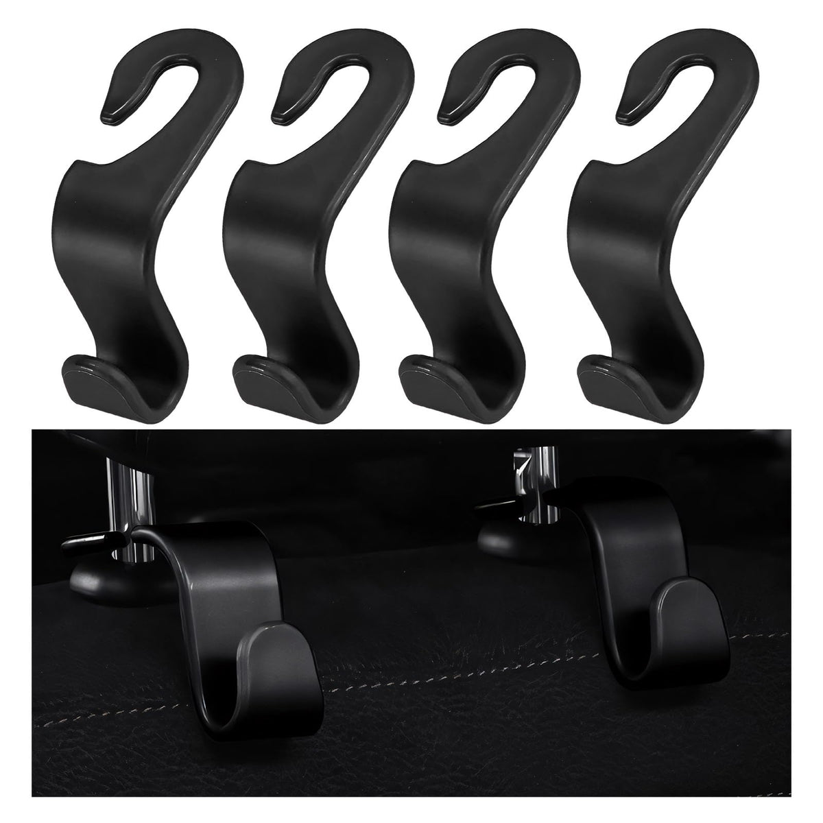 4 PCS Car Seat Headrest Hooks, Multi-Functional Auto Headrest Purse Holders Storage Hangers, Universal Backseat Backpack Hooks Hanging Holders for Cars Trucks SUVs (Black)