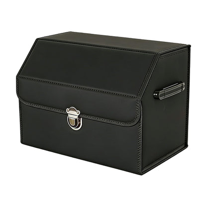 Leather Storage Box Car Trunk Organizer with Lid, Foldable PU Leather Cargo Storage Bin for SUV Sedan Truck, Portable Auto Organizer for Grocery Tool Storage, Black 14.9" L*12.2" W*11.8" H
