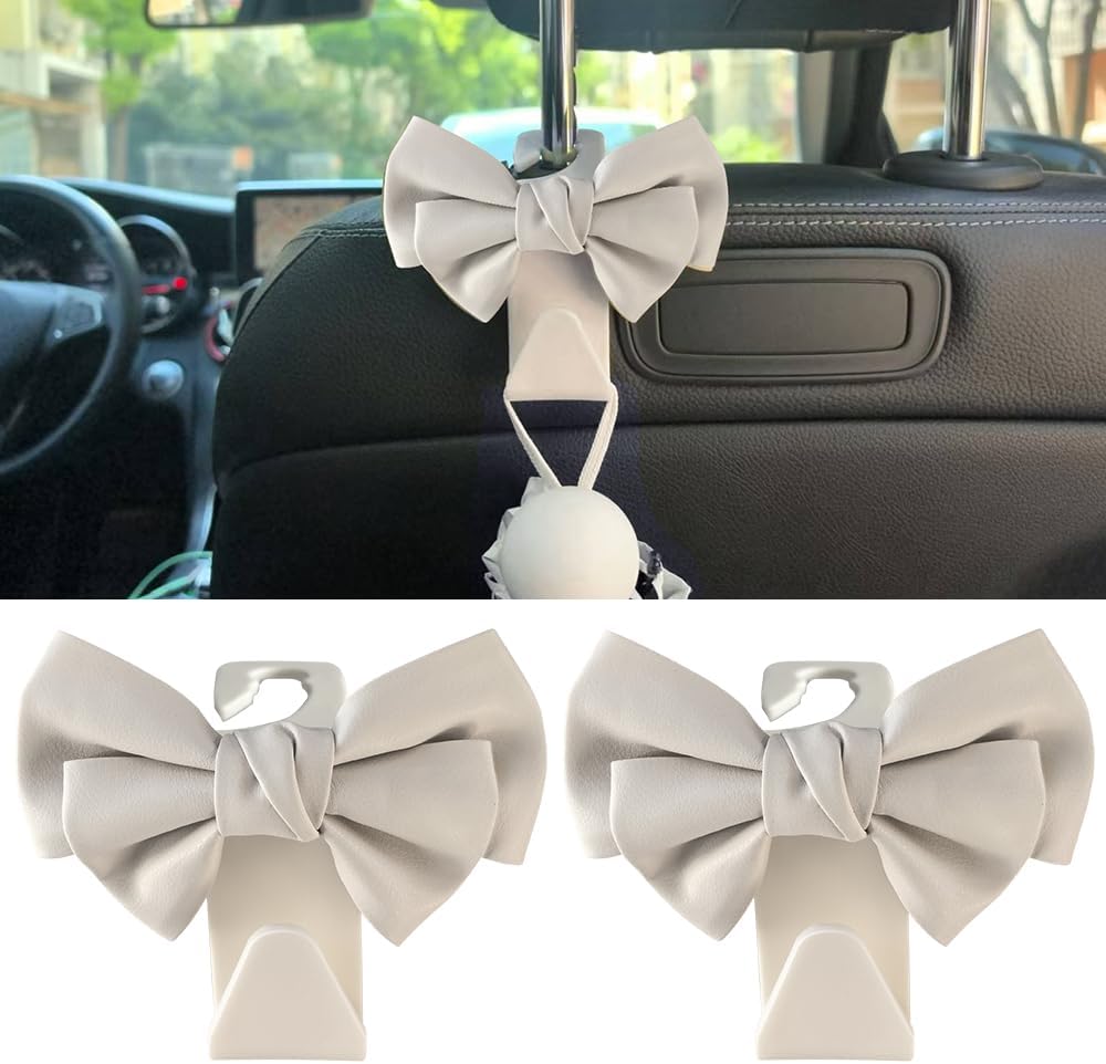 2-Pack Car Seat Headrest Hooks, Handbag Hangers, White leather