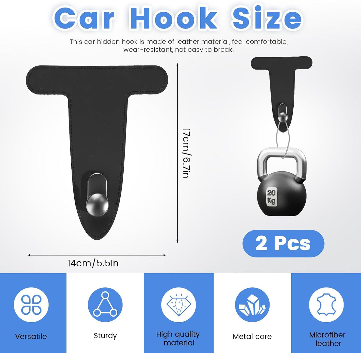 2 Pcs Car Hooks for Passenger Glove Box, Self-Adhesive Headrest Hooks for Car Holder, Leather Car Purse Hook for Bags, Car Seat Back Storage Hook Accessories Organization (Front Single Hook)