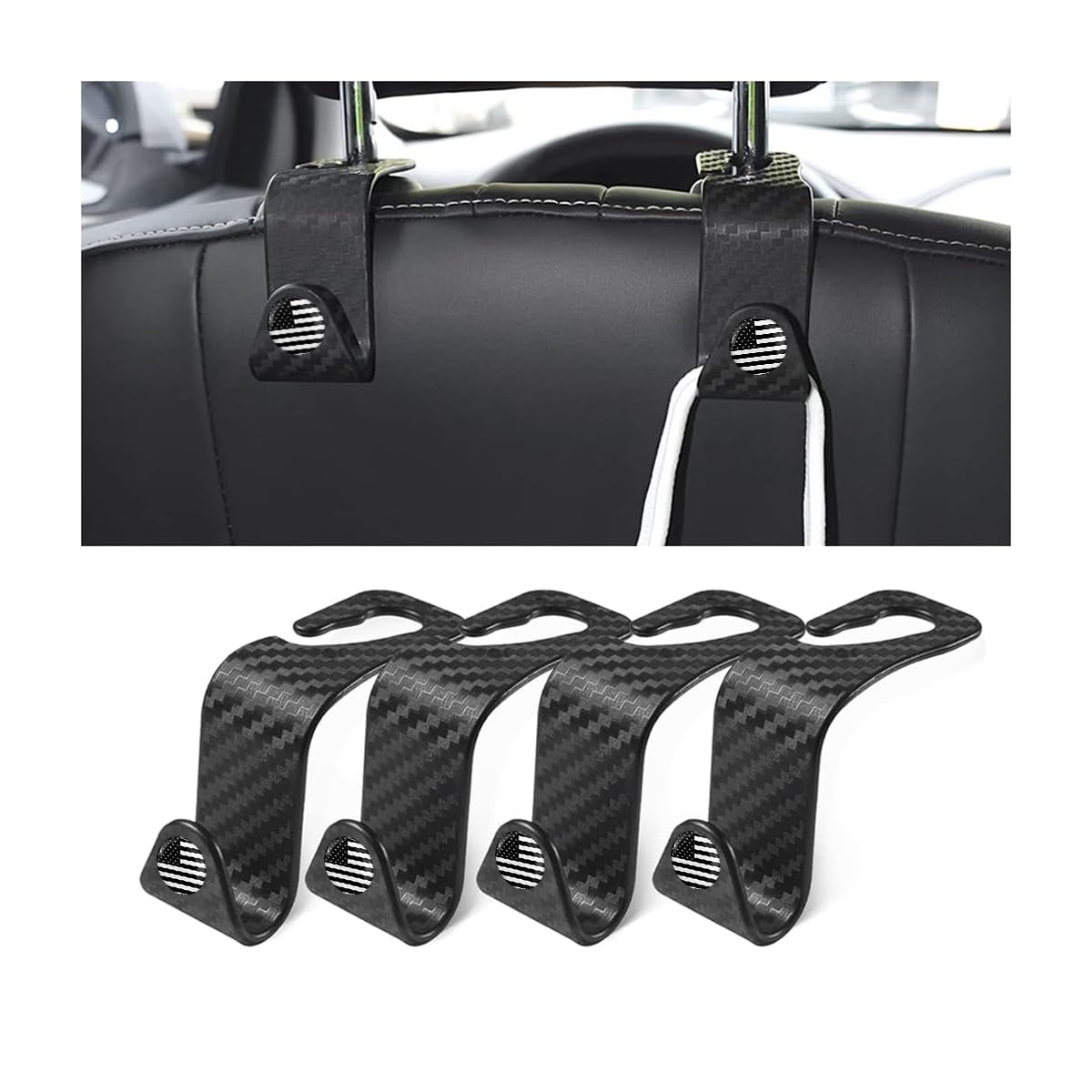4 Pack Headrest Hooks for Vehicle Seats, Carbon Fiber/Red