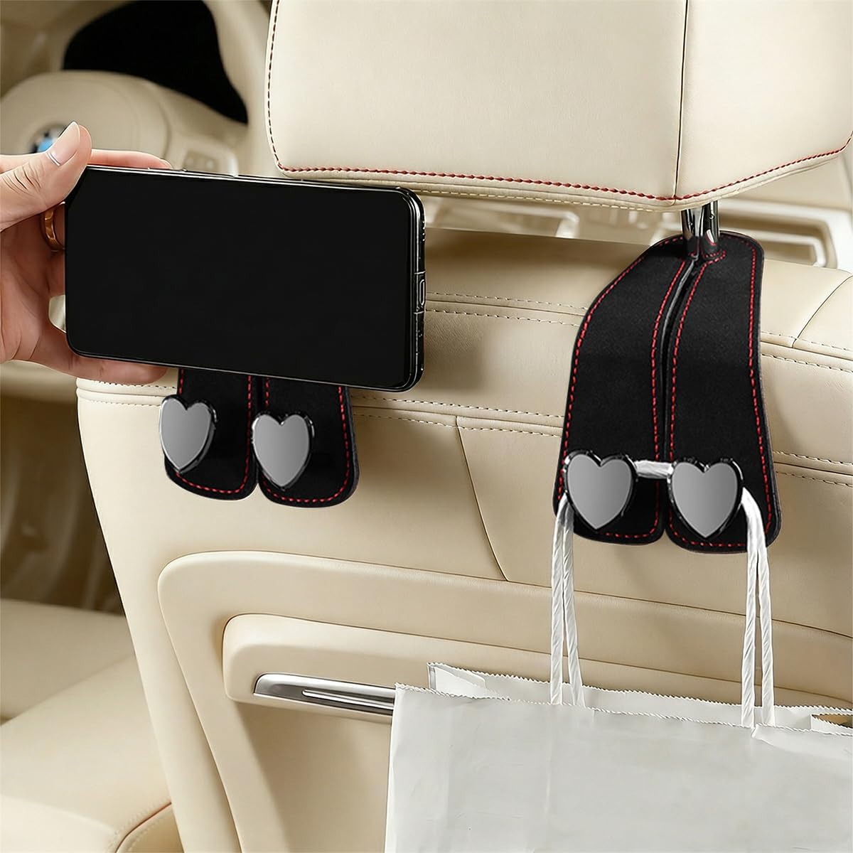 BESULEN Car Seat Headrest Hook, Vehicle Seat Back Hanger Organizer for Handbag Purse Coat, Automotive Interior Headrest Double Storage Hook, Universal Fit (Black)