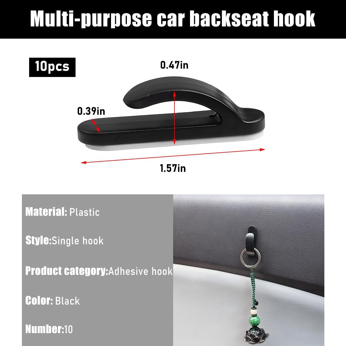 Yourkar 10 PCS Car Sticky Hooks, Multifunctional Vehicle Adhesive Hooks, Hanging Auto Storage Hooks for Key USB Cable Earphone Cable, Universal Interior Decor Car Accessories (10 PCS)