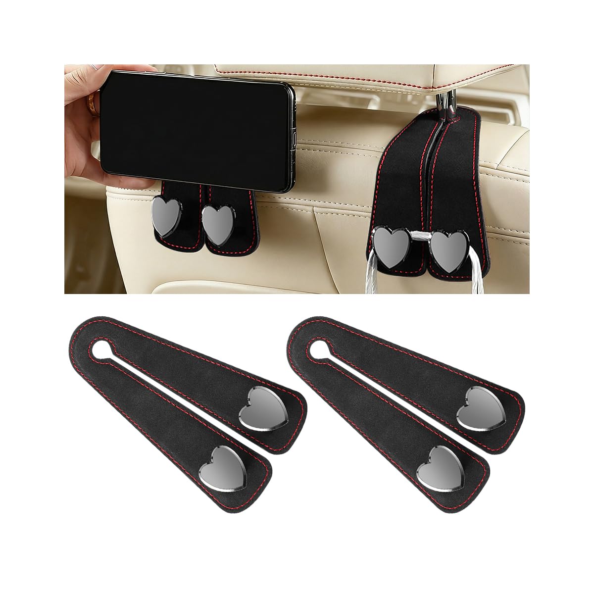 BESULEN Car Seat Headrest Hook, Vehicle Seat Back Hanger Organizer for Handbag Purse Coat, Automotive Interior Headrest Double Storage Hook, Universal Fit (Black)