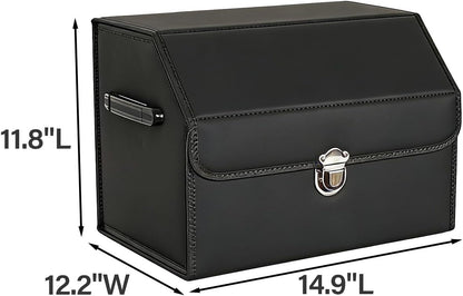 Leather Storage Box Car Trunk Organizer with Lid, Foldable PU Leather Cargo Storage Bin for SUV Sedan Truck, Portable Auto Organizer for Grocery Tool Storage, Black 14.9" L*12.2" W*11.8" H