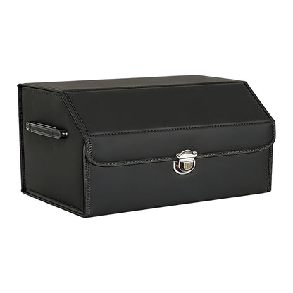 Leather Storage Box Car Trunk Organizer with Lid, Foldable PU Leather Cargo Storage Bin for SUV Sedan Truck, Portable Auto Organizer for Grocery Tool Storage, Black 14.9" L*12.2" W*11.8" H