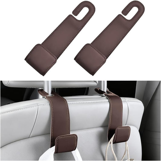 2PCS Car Seat Headrest Hook, Microfiber Leather Vehicle Back Seat Storage Hanger Holder, Automotive Purse Bag Hanging Organizer Accessories, Universal for SUV, Sedan, Truck (Brown)