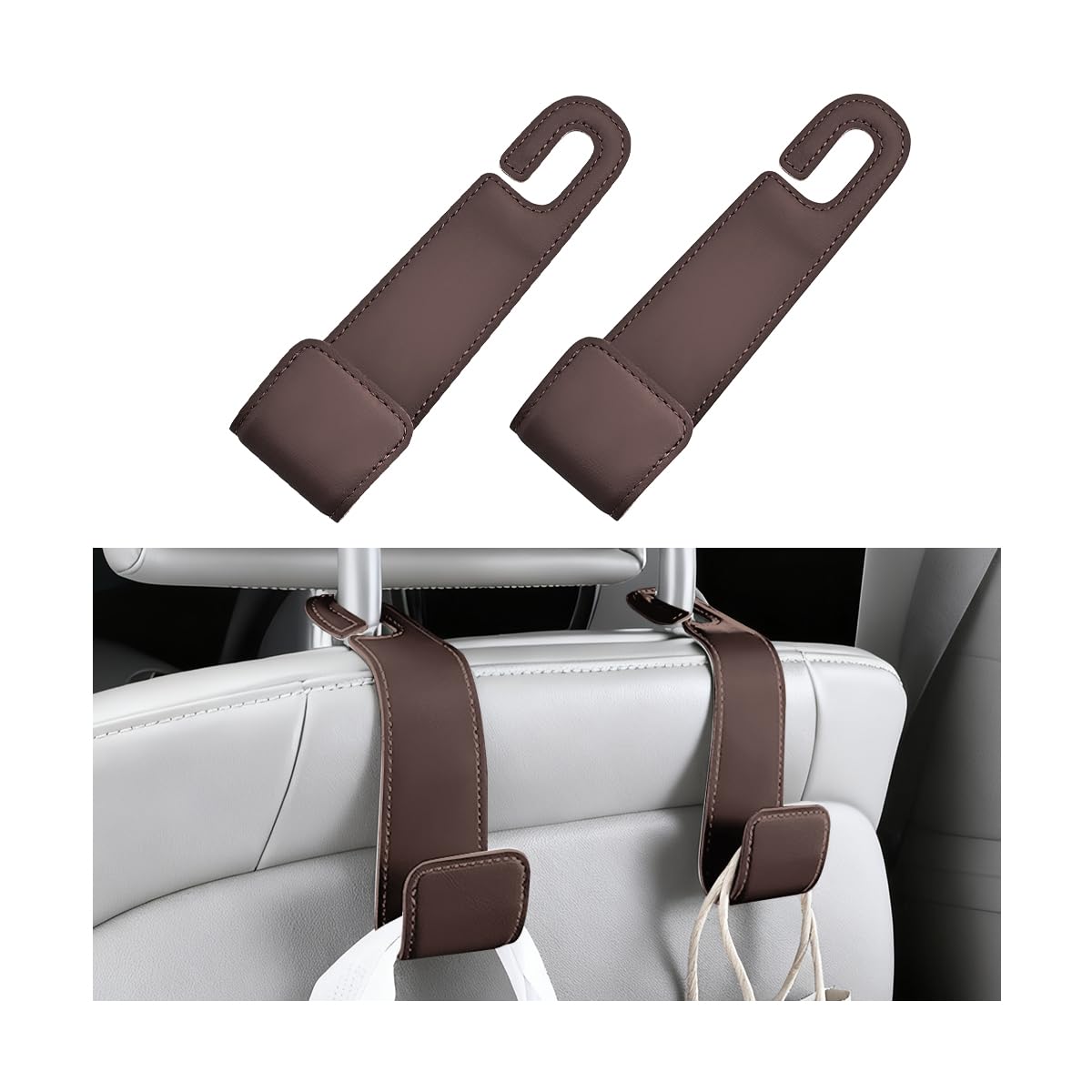 2PCS Car Seat Headrest Hook, Microfiber Leather Vehicle Back Seat Storage Hanger Holder, Automotive Purse Bag Hanging Organizer Accessories, Universal for SUV, Sedan, Truck (Brown)