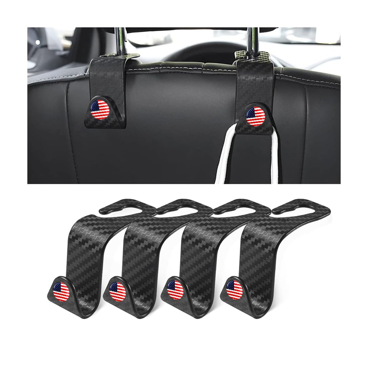 4 Pack Headrest Hooks for Vehicle Seats, Carbon Fiber/Red