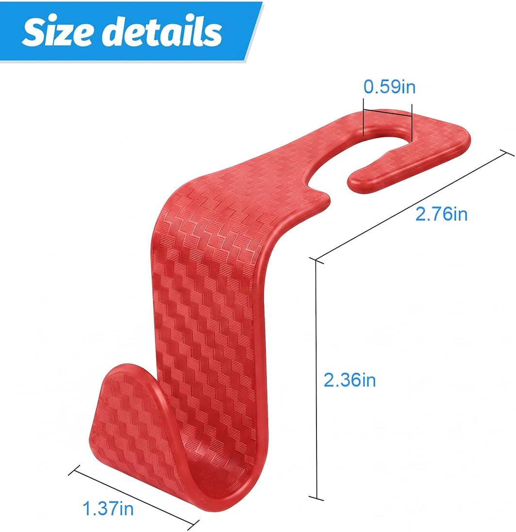 4 Pack Headrest Hooks for Vehicle Seats, Carbon Fiber/Red