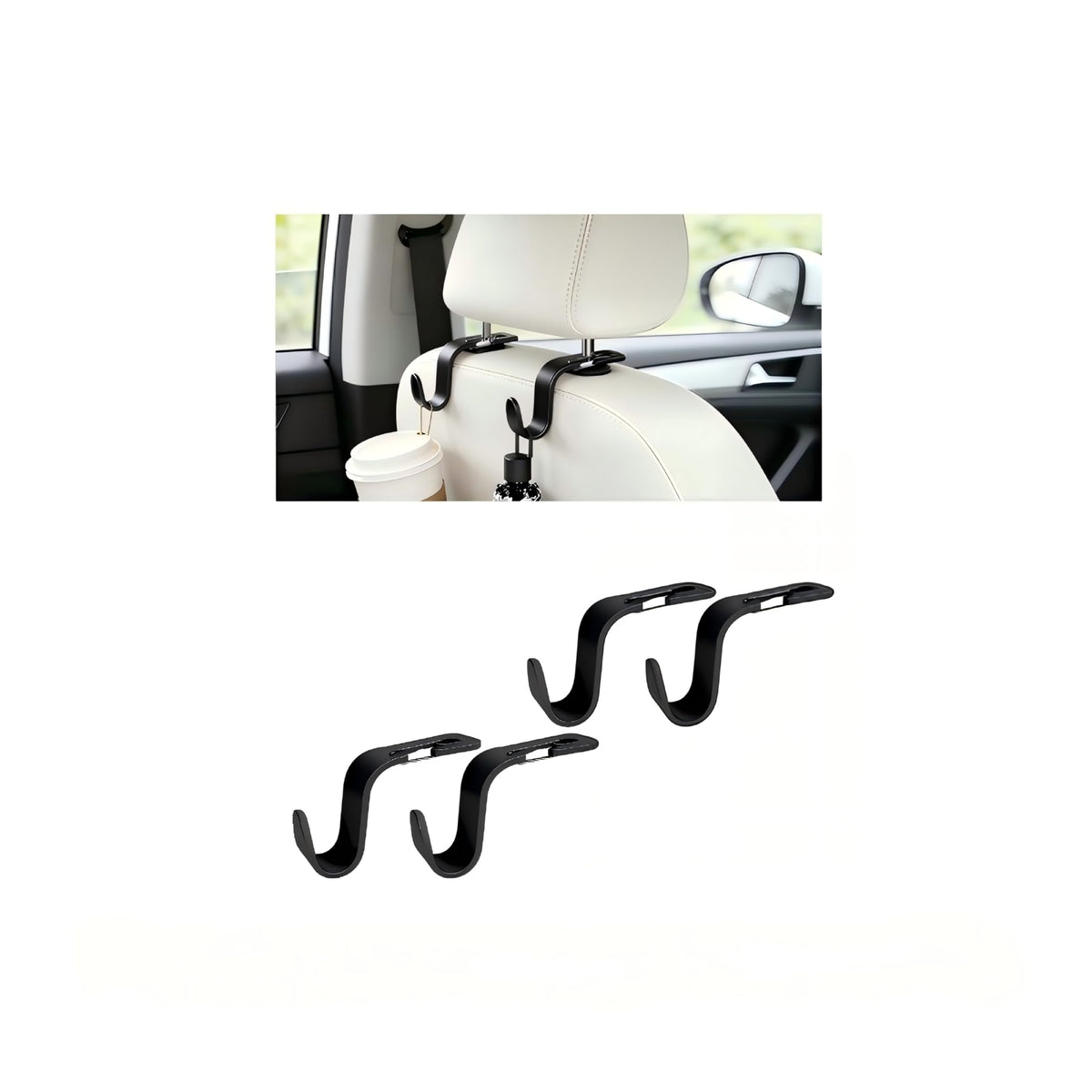 4PCS Car Seat Headrest Hook, Multi-Purpose Seat Back Hanger Purse Bag Handbag Organizer, Auto Interior Backseat Storage Hook Holder for Coat Hat Grocery Umbrella, Universal Fit (Black)