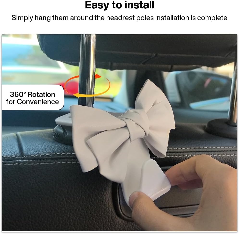 2-Pack Car Seat Headrest Hooks, Handbag Hangers, White leather