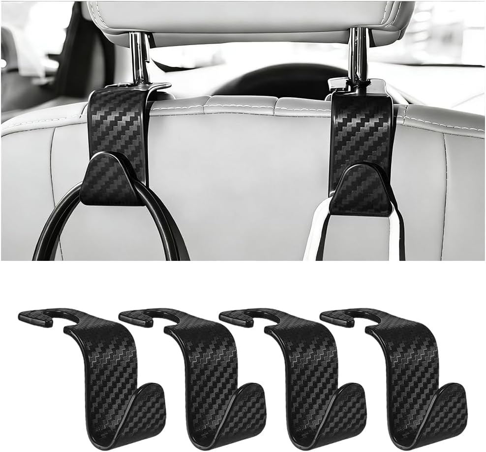 4PCS Car Seat Headrest Hook, Automotive Back Seat Storage Holder Hanger, Vehicle Interior Backseat Organizer Hanging Hook for Purse Handbag Grocery Bags, Universal Fit (Black)