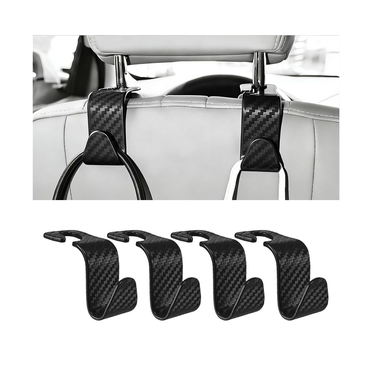 4PCS Car Seat Headrest Hook, Automotive Back Seat Storage Holder Hanger, Vehicle Interior Backseat Organizer Hanging Hook for Purse Handbag Grocery Bags, Universal Fit (Black)