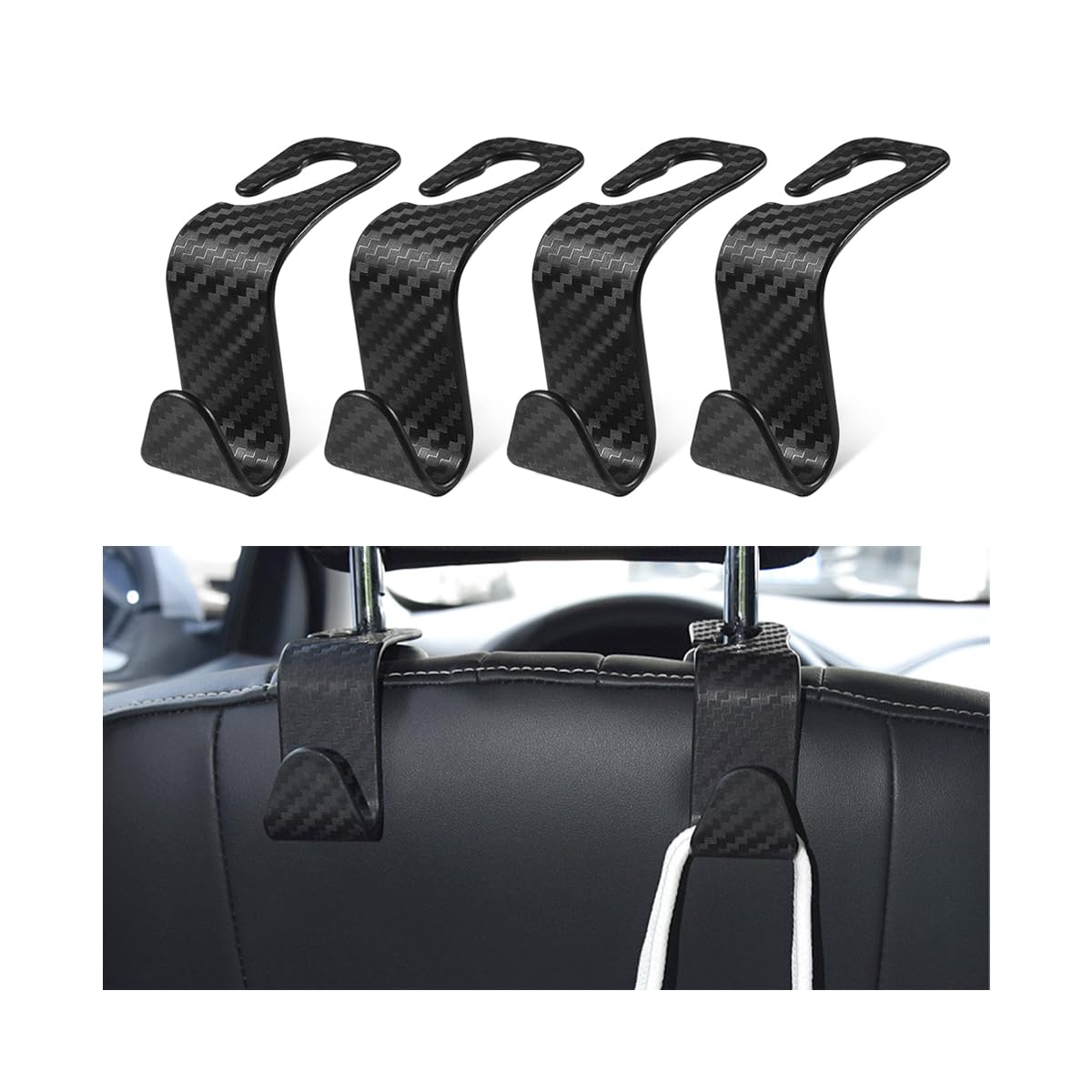 4 Pack Headrest Hooks for Vehicle Seats, Carbon Fiber/Red