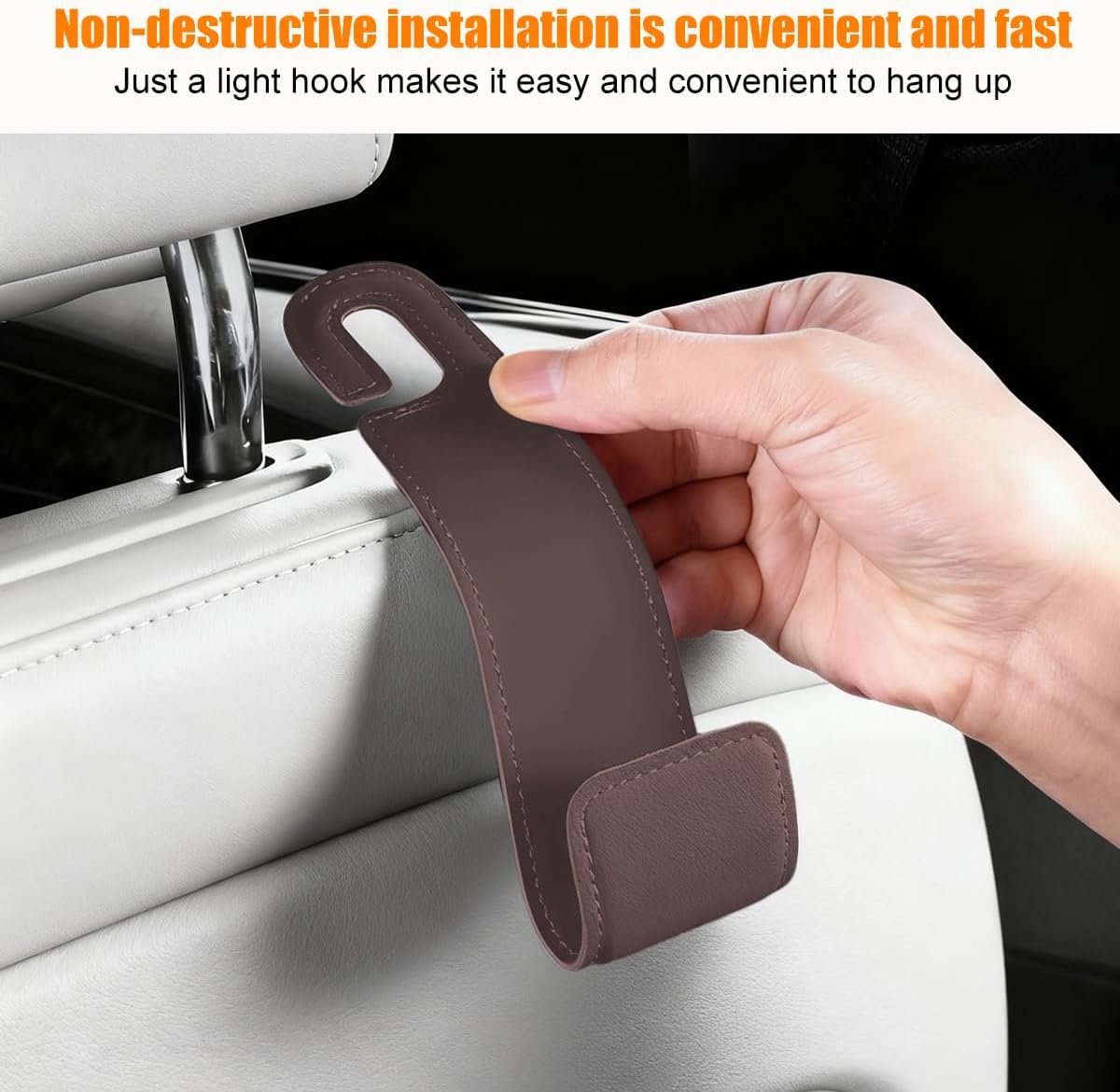 2PCS Car Seat Headrest Hook, Microfiber Leather Vehicle Back Seat Storage Hanger Holder, Automotive Purse Bag Hanging Organizer Accessories, Universal for SUV, Sedan, Truck (Brown)