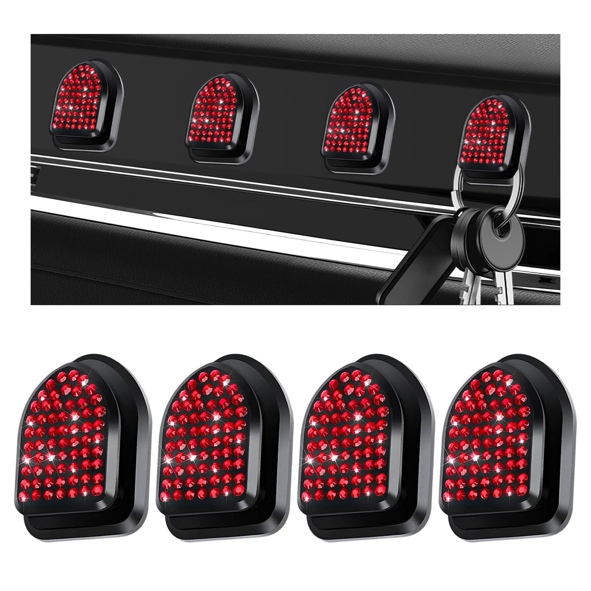 4PCS Bling Car Mini Hooks, Cute Crystal Auto Backseat Hanger Adhesive Storage Hooks, Multifunctional Rhinestone Vehicle Dashboard Hook Hanging Organizer for Key Mask Cable (Green)