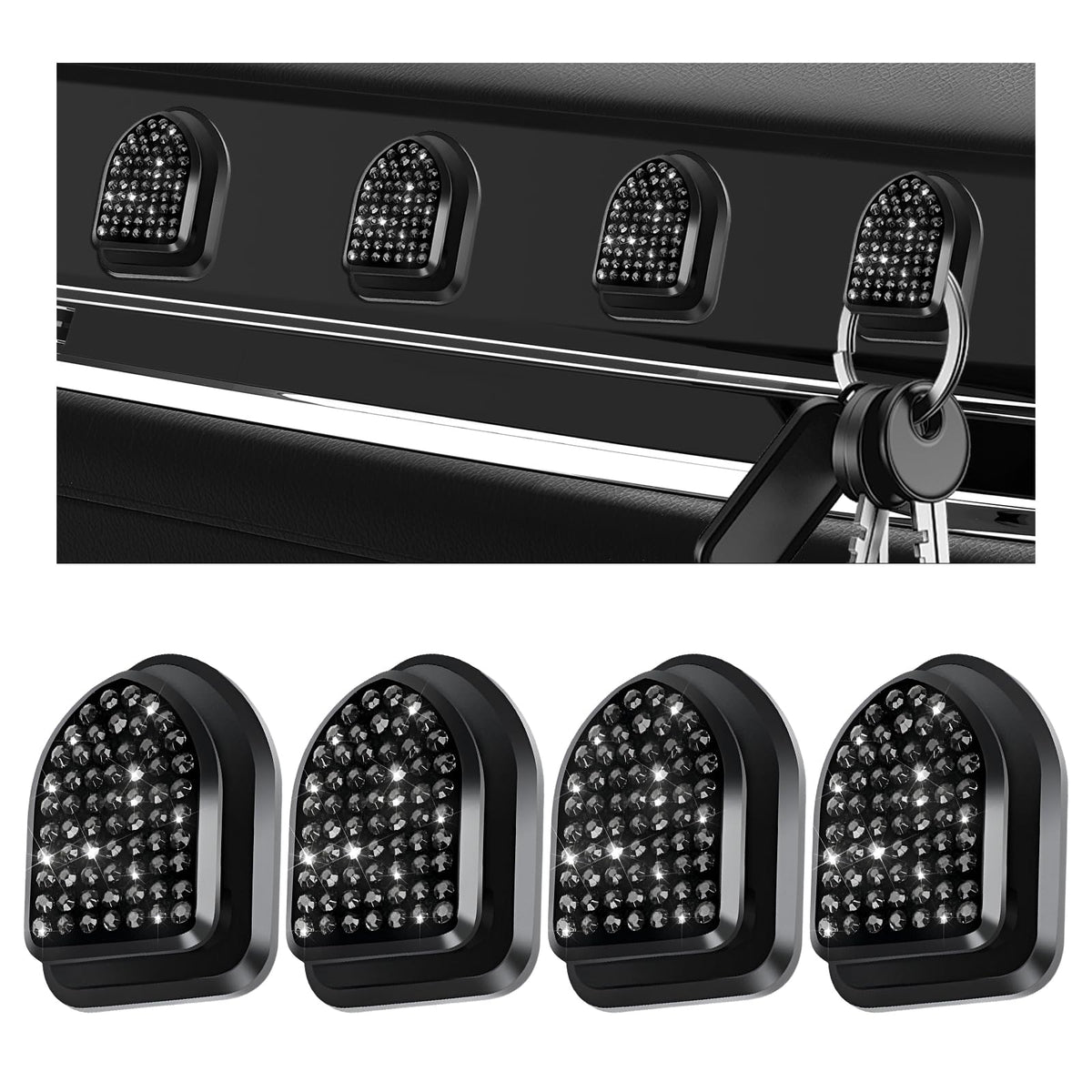 4PCS Bling Car Mini Hooks, Cute Crystal Auto Backseat Hanger Adhesive Storage Hooks, Multifunctional Rhinestone Vehicle Dashboard Hook Hanging Organizer for Key Mask Cable (Green)