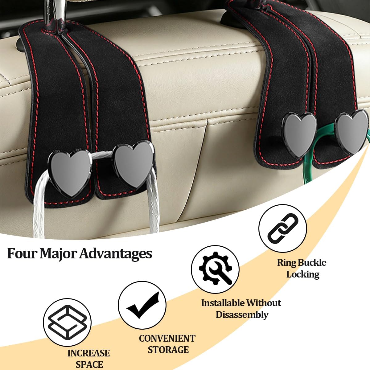 BESULEN Car Seat Headrest Hook, Vehicle Seat Back Hanger Organizer for Handbag Purse Coat, Automotive Interior Headrest Double Storage Hook, Universal Fit (Black)