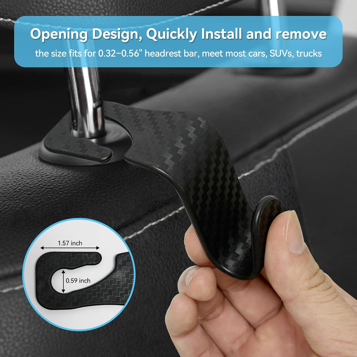 USSDE Car Seat Hooks Vehicle Headrest Back Storage Organizer 4 Pack for Purses Bags backpacks Groceries Hanger Holder - Universal Sturdy Holds 55lbs 360° Rotating (Style A/Carbon Fiber)