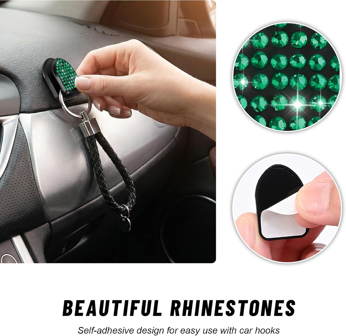 4PCS Bling Car Mini Hooks, Cute Crystal Auto Backseat Hanger Adhesive Storage Hooks, Multifunctional Rhinestone Vehicle Dashboard Hook Hanging Organizer for Key Mask Cable (Green)