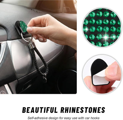 4PCS Bling Car Mini Hooks, Cute Crystal Auto Backseat Hanger Adhesive Storage Hooks, Multifunctional Rhinestone Vehicle Dashboard Hook Hanging Organizer for Key Mask Cable (Green)