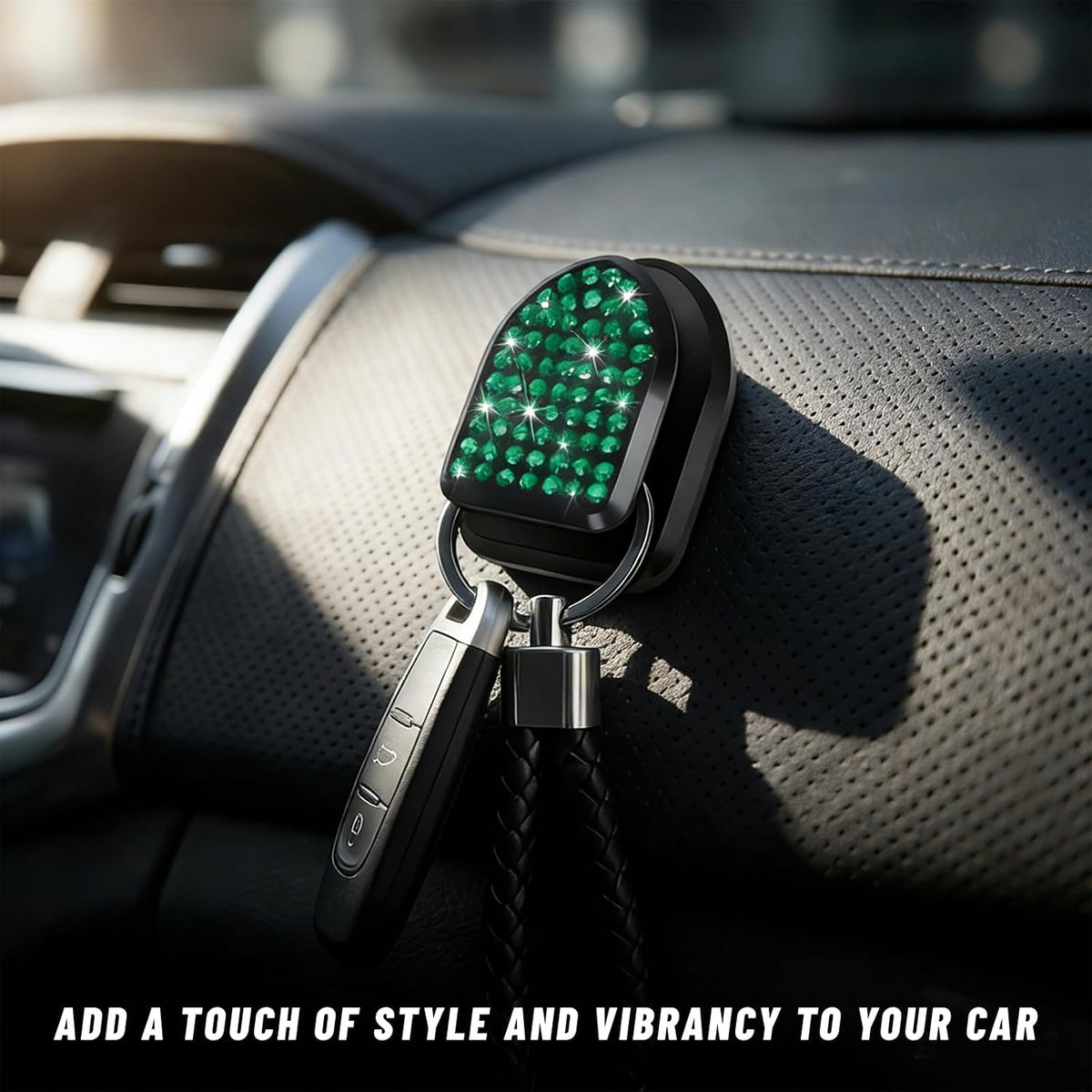 4PCS Bling Car Mini Hooks, Cute Crystal Auto Backseat Hanger Adhesive Storage Hooks, Multifunctional Rhinestone Vehicle Dashboard Hook Hanging Organizer for Key Mask Cable (Green)