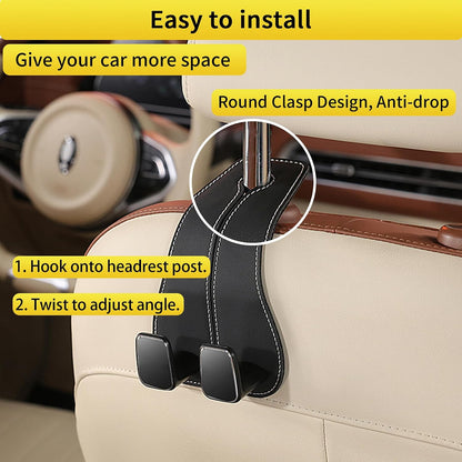 WEIHAO Wide Purse Hook for Car, Twin Hook Leather Car Headrest Hangers, Car Seat Back Storage Hook, Headrest Hooks Purse Bag Holder for Car Universal Fit Sedan Trucks SUVs Most Vehicles (Black-2PCS)