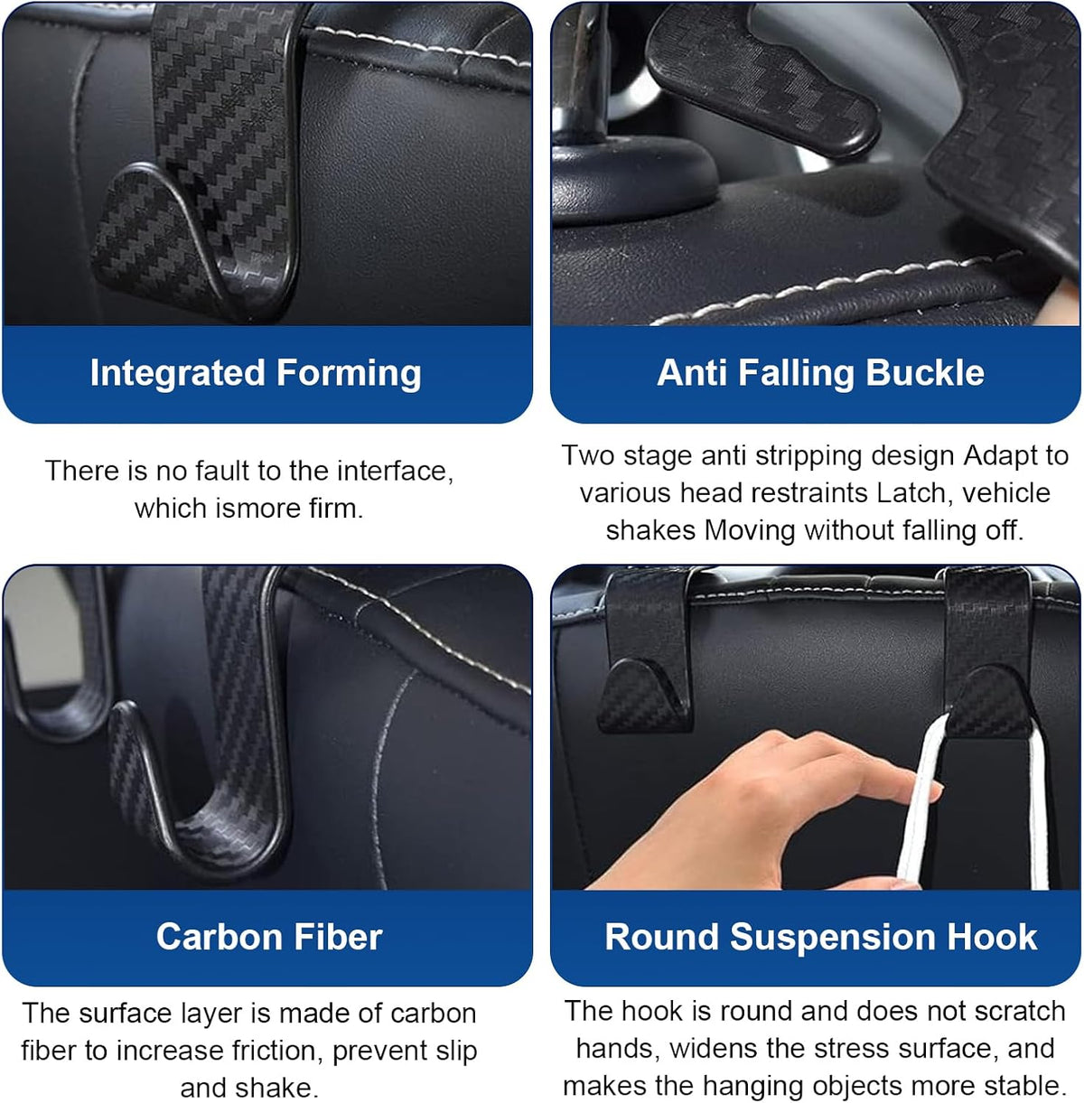 4PCS Car Seat Headrest Hooks, Carbon Fiber Auto Hook for Purses and Bags, Rear Car Seat Storage Headrest Hanger Holder Hooks Organizer for Coats, Umbrellas, Groceries