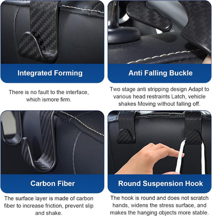 4PCS Car Seat Headrest Hooks, Carbon Fiber Auto Hook for Purses and Bags, Rear Car Seat Storage Headrest Hanger Holder Hooks Organizer for Coats, Umbrellas, Groceries