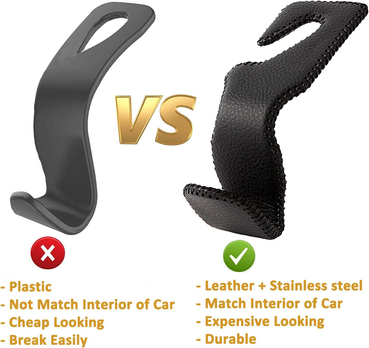 Headrest Hooks for Car, Back Seat Organizer Black Leather Hanger Holder Hook, for Hanging Purses and Bags and Coats, Pack of 2