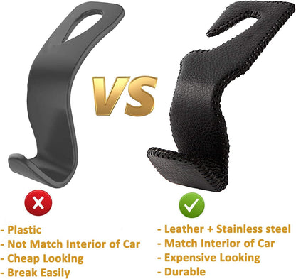 Headrest Hooks for Car, Back Seat Organizer Black Leather Hanger Holder Hook, for Hanging Purses and Bags and Coats, Pack of 2