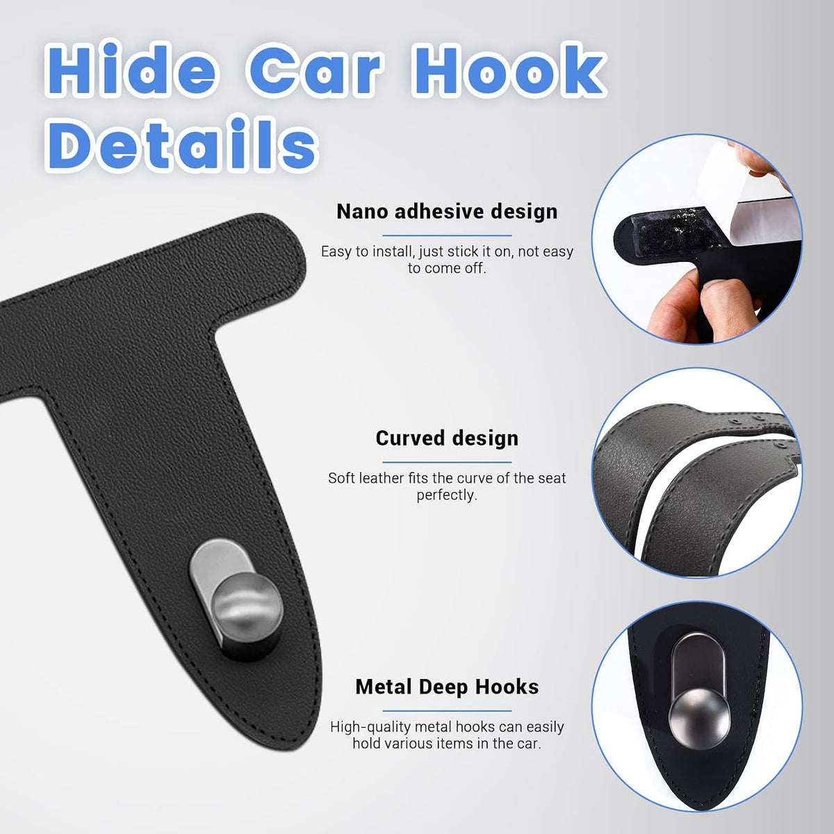 2 Pcs Car Hooks for Passenger Glove Box, Self-Adhesive Headrest Hooks for Car Holder, Leather Car Purse Hook for Bags, Car Seat Back Storage Hook Accessories Organization (Front Single Hook)