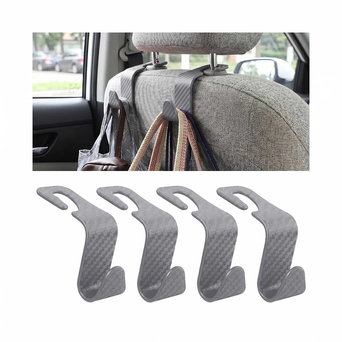 4 Pack Headrest Hooks for Vehicle Seats, Carbon Fiber/Red