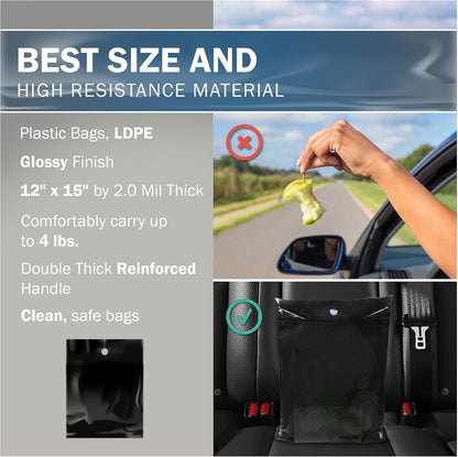 12x15 Black Car Trash Bags, Leak-Proof, Headrest Handle, 2 Mil, 50 Pack