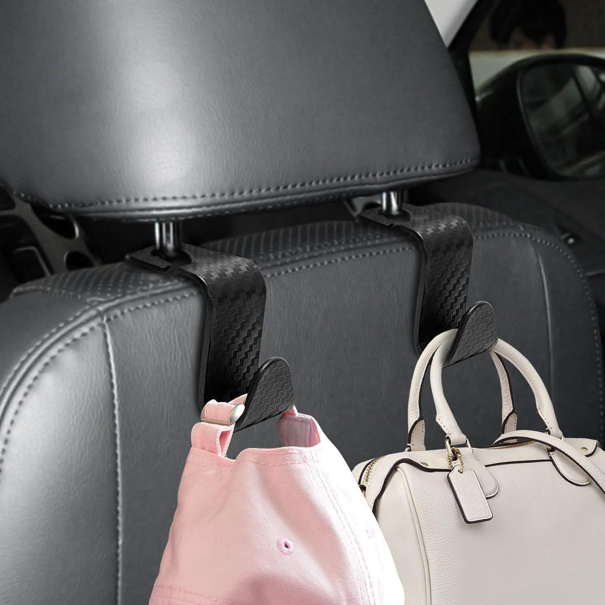 USSDE Car Seat Hooks Vehicle Headrest Back Storage Organizer 4 Pack for Purses Bags backpacks Groceries Hanger Holder - Universal Sturdy Holds 55lbs 360° Rotating (Style A/Carbon Fiber)