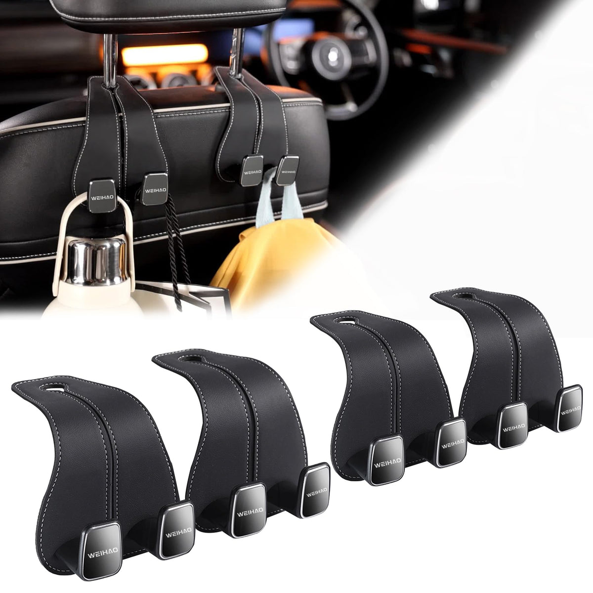 WEIHAO Wide Purse Hook for Car, Twin Hook Leather Car Headrest Hangers, Car Seat Back Storage Hook, Headrest Hooks Purse Bag Holder for Car Universal Fit Sedan Trucks SUVs Most Vehicles (Black-2PCS)