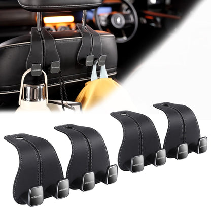 WEIHAO Wide Purse Hook for Car, Twin Hook Leather Car Headrest Hangers, Car Seat Back Storage Hook, Headrest Hooks Purse Bag Holder for Car Universal Fit Sedan Trucks SUVs Most Vehicles (Black-2PCS)