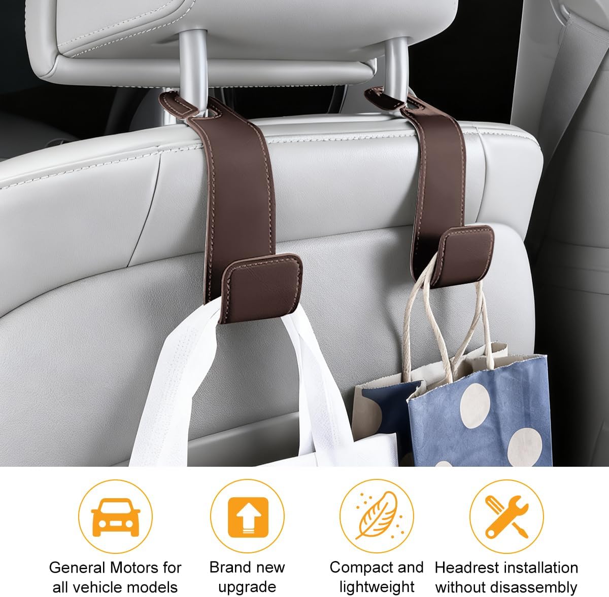 2PCS Car Seat Headrest Hook, Microfiber Leather Vehicle Back Seat Storage Hanger Holder, Automotive Purse Bag Hanging Organizer Accessories, Universal for SUV, Sedan, Truck (Brown)