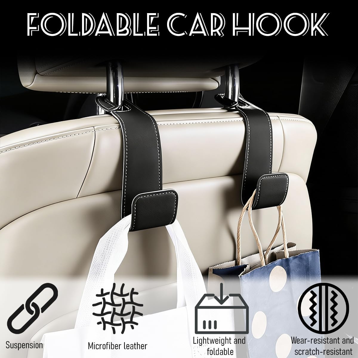 2PCS Car Seat Headrest Hook, Multipurpose Backseat Hanger Holder for Handbag Purse Umbrella, Auto Interior Seat Back Grocery Storage Organizer Hook, Universal for RV Van SUV (Black)