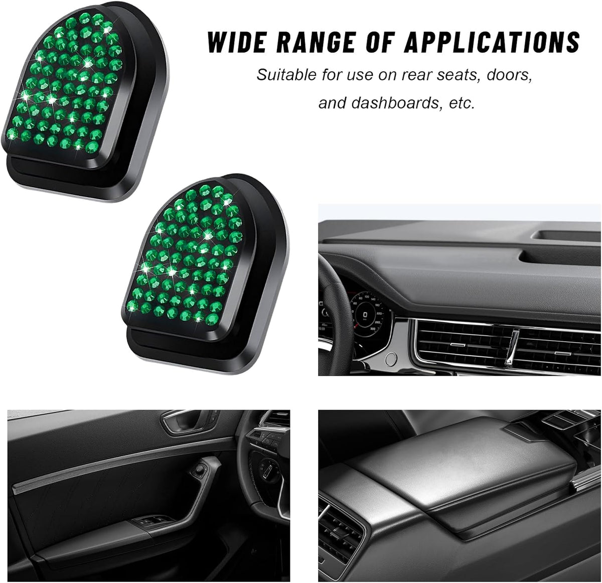4PCS Bling Car Mini Hooks, Cute Crystal Auto Backseat Hanger Adhesive Storage Hooks, Multifunctional Rhinestone Vehicle Dashboard Hook Hanging Organizer for Key Mask Cable (Green)