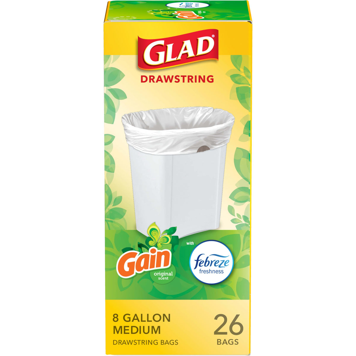 Glad Medium Drawstring Trash Bags, Rip and Tear Resistant, Fresh Clean Scented Garbage Bags, Odor Control, Febreze Freshness, 8 Gallon Trash Bags, 80 Count