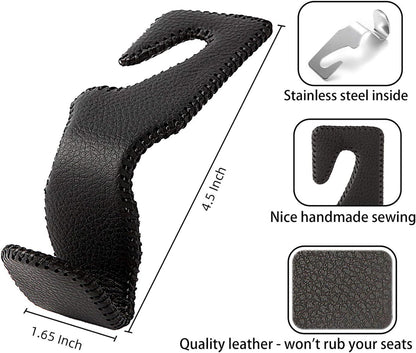 Headrest Hooks for Car, Back Seat Organizer Black Leather Hanger Holder Hook, for Hanging Purses and Bags and Coats, Pack of 2