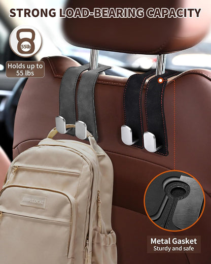 Headrest Hooks for Car, 4 Pack Car Seat Back Organizer Storage Hook, Double Hook Car Seat Hooks for Hanger Purses and Bags, Leather Purse Holder for Car, Black