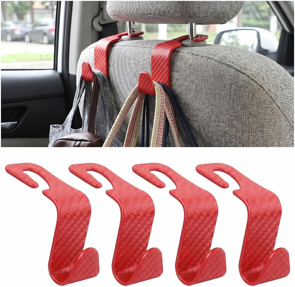 4 Pack Headrest Hooks for Vehicle Seats, Carbon Fiber/Red