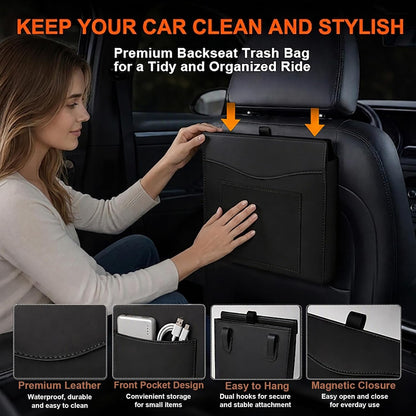 Car Trash Can, Magnetic Leather Seat Back Organizer with Storage Pocket,